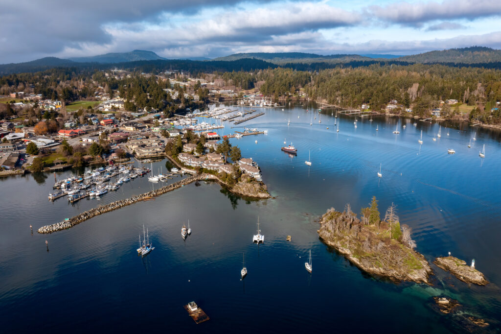 An aerial view of Ganges, Salt Spring Island, BC, Canada