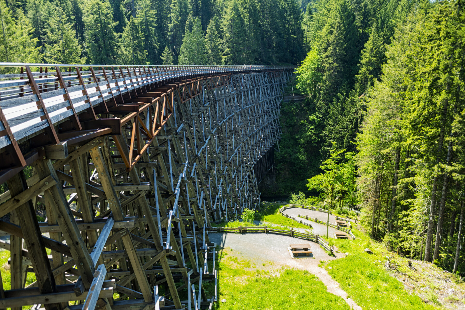 Wonderful Kinsol Trestle wooden bridge over Koksilah river in summer time.